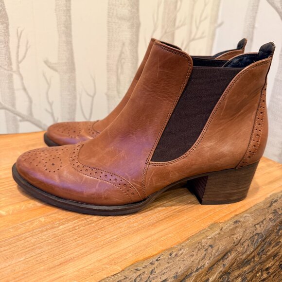 Paul Green Heeled Tan Leather Brogue Wingtip Chelsea Boots- Size 7.5 - Picture 4 of 9